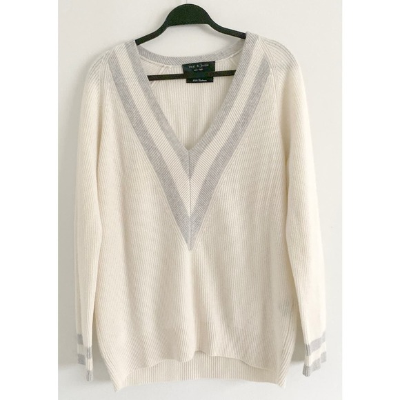 Rag & Bone Women's Cream Gray Cashmere Varsity Sweater Neutral Quiet Luxury Soft - Picture 3 of 11